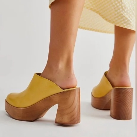 free people // suki marigold leather wooden platform clogs // size 10  // - Picture 1 of 3